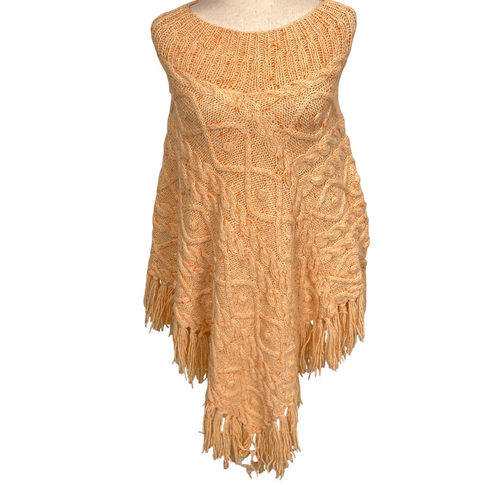 1970s Bespoke Poncho Womens OS Peach Cable Knit Fringe Zip Handmade Boho VTG